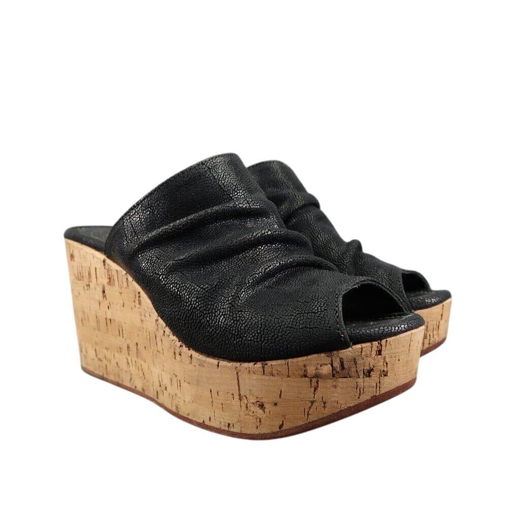 Fiorentini+Baker Shoes Women 40 Wedge Sandal Fashion Leather Platform Cork Black